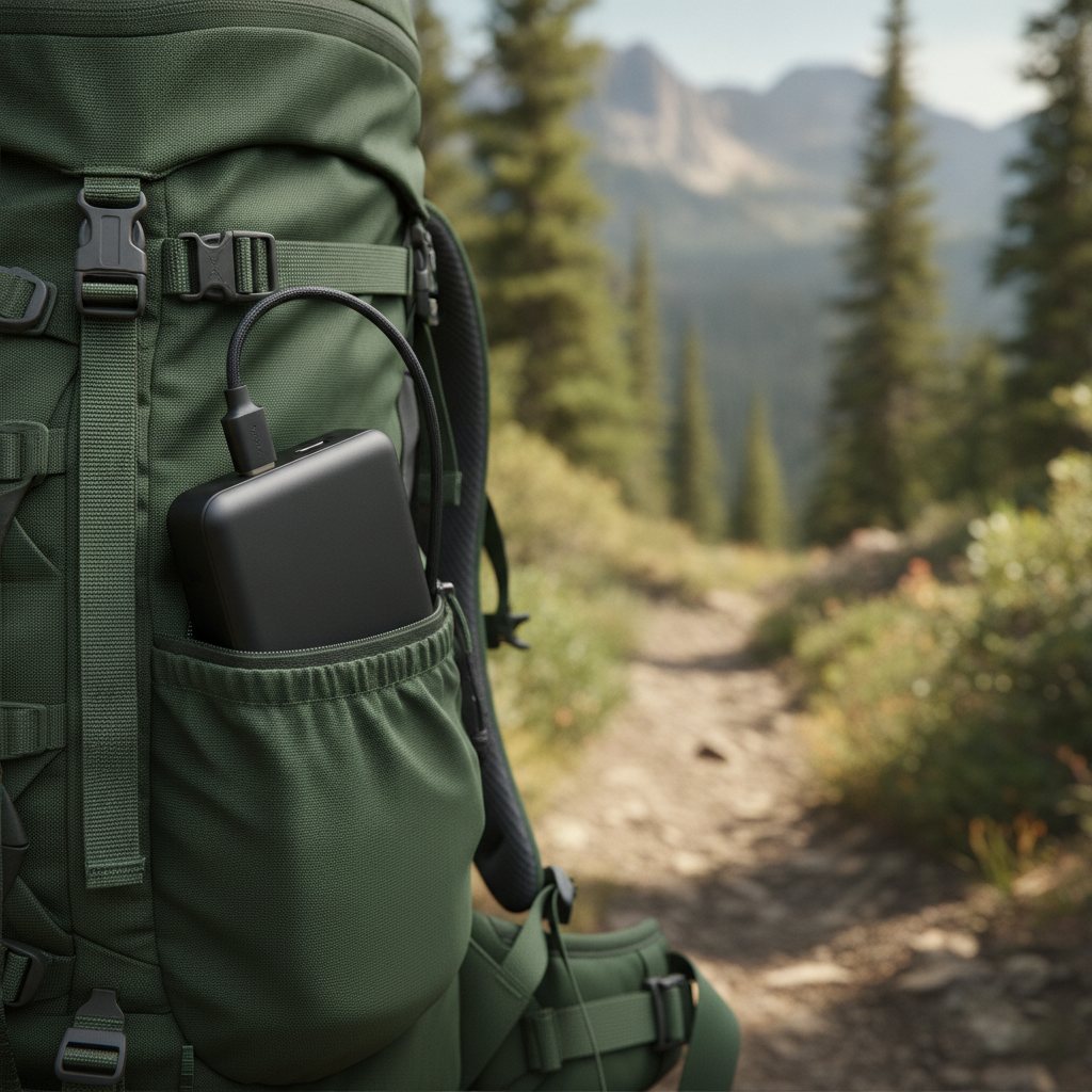 Batterie externe dans une poche laterale de sac a dos de randonnee