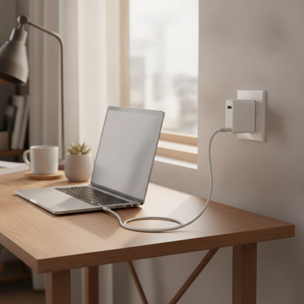 Chargeur GaN branche dans une prise murale avec un cable USB-C connecte
