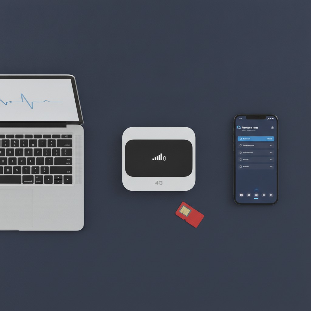 Routeur 4G portable blanc pose sur un bureau avec un ordinateur et un telephone a proximite