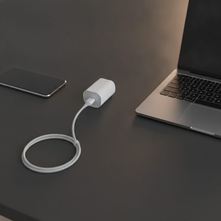Chargeur USB-C compact pose sur un bureau a cote d'un telephone et d'un ordinateur portable