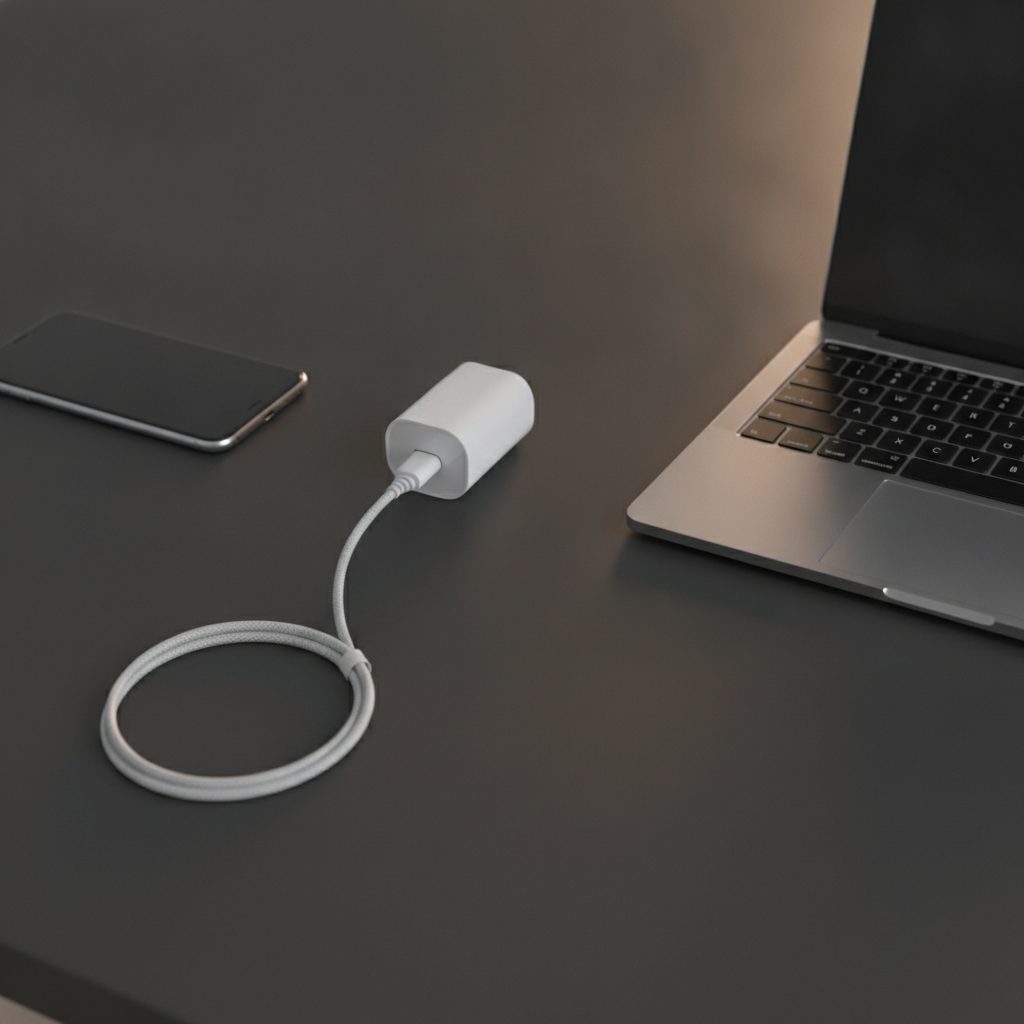 Chargeur USB-C compact pose sur un bureau a cote d'un telephone et d'un ordinateur portable