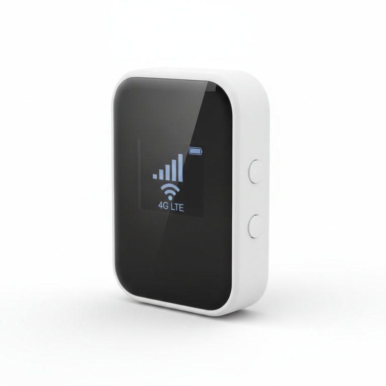 Routeur 4G portable blanc avec ecran noir, vue de face sur fond neutre