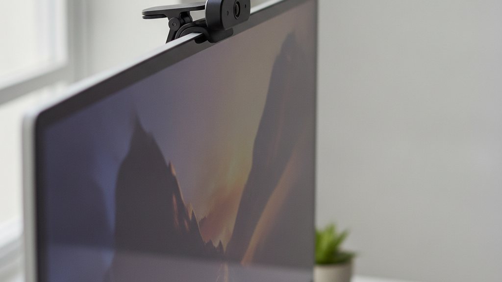 Webcam clipsee sur le bord superieur d'un ecran de bureau